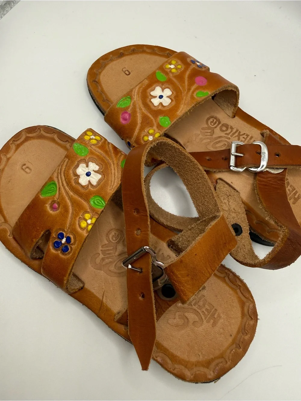 Kids Brown Leather Floral Sandals